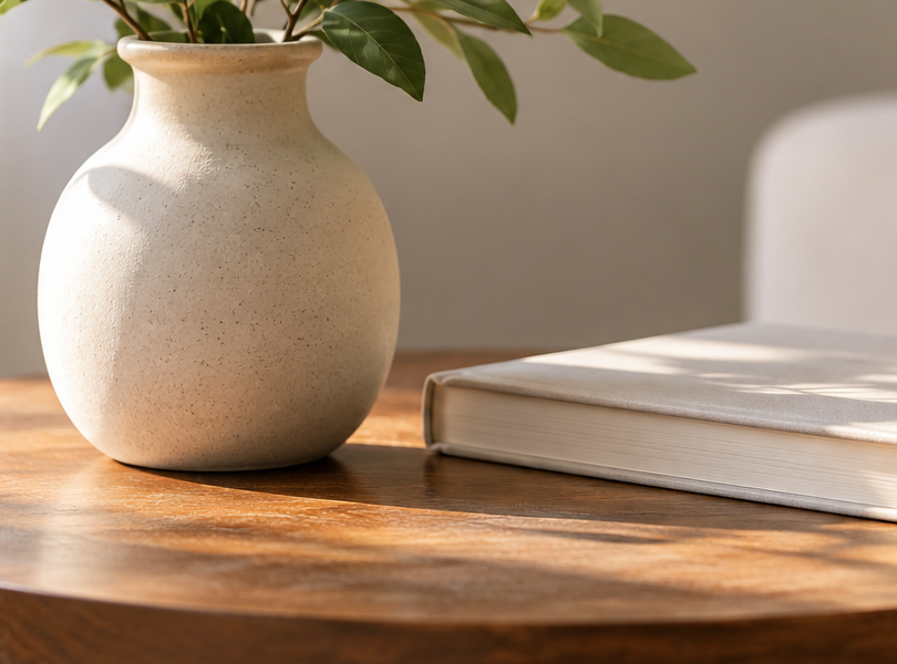 Illustrative image of a pale vase and wooden tabletop; not the actual property.