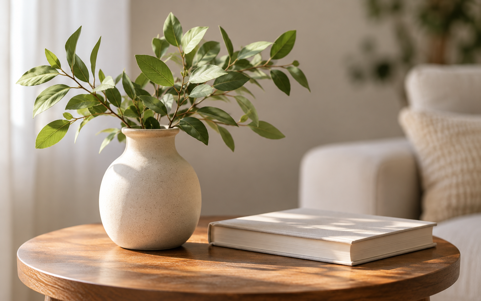 Still life of a pale vase with green leaves on a wooden table in warm light. Not the actual property.